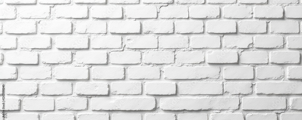 Fototapeta premium Large-scale whitewashed brick wall Uneven mortar lines , interior, whitewashed