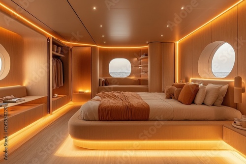 Cozy modern bedroom with ocean view and warm lighting in a yacht near sunset photo