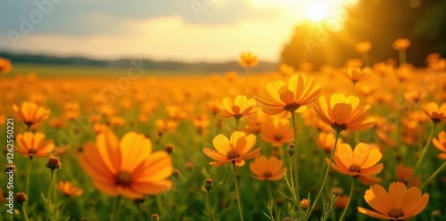 Fototapeta Naklejka Na Ścianę i Meble -  Orange cosmos flowers bathed in golden sunlight, sprawling field , background, golden, texture