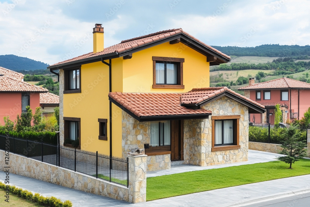 Yellow rustic house with decorative elements surrounded by a scenic landscape in the countryside Yellow rustic house with decorative elements surrounded by a scenic landscape in the countryside