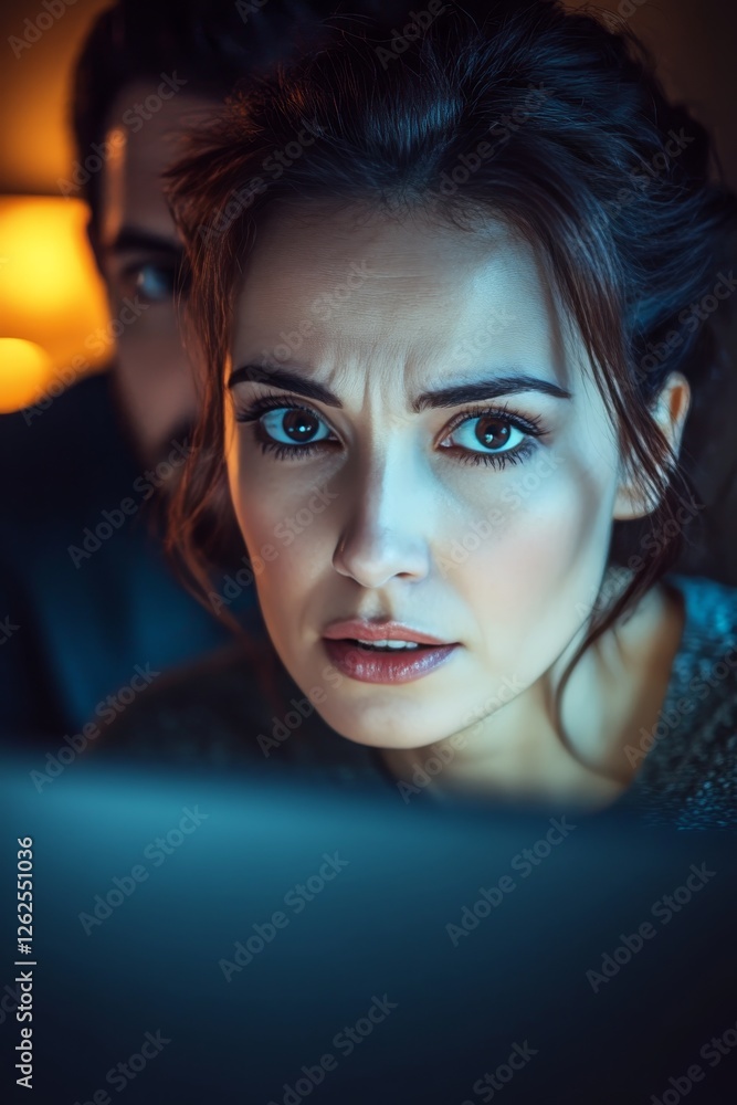 Unease, Workplace Intimacy, Anxious Woman and Man, Close Proximity, Digital Screen Reflection Unease, Workplace Intimacy, Anxious Woman and Man, Close Proximity, Digital Screen Reflection