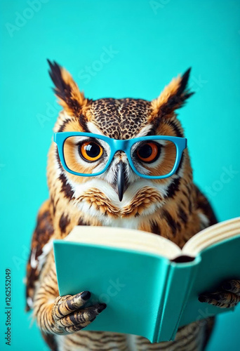 Wallpaper Mural An owl wearing blue glasses holds an open turquoise book, set against a light blue background. Torontodigital.ca