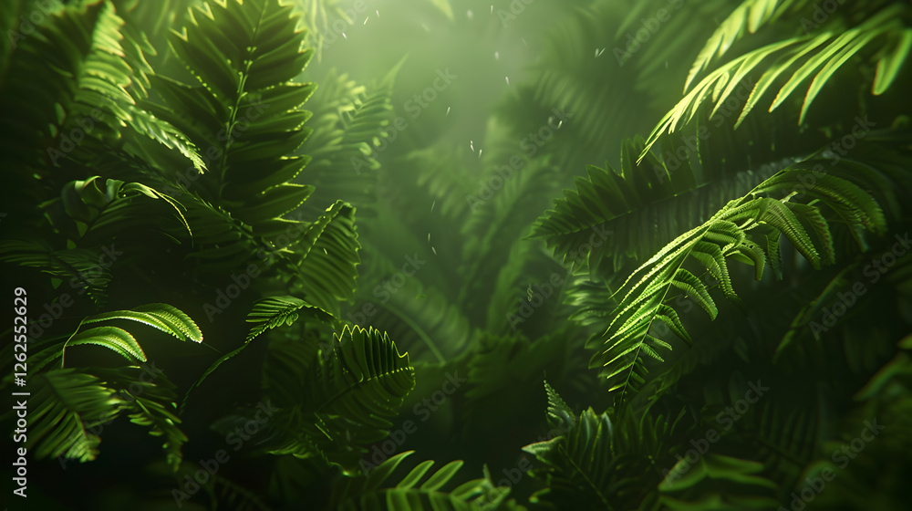 Obraz premium A lush, green scene filled with vibrant ferns and soft light filtering through.