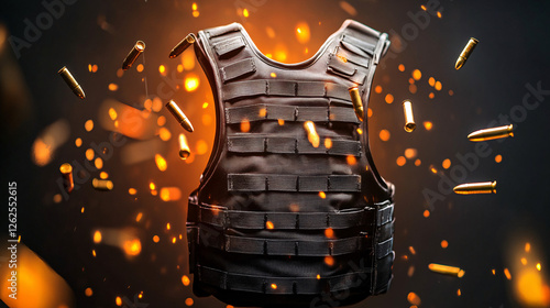 A tactical bulletproof vest under fire with bullets in mid-air and glowing sparks flying around symbolizing protection and combat readiness


