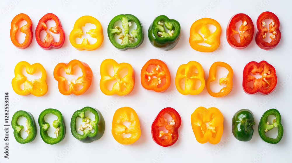 Artistic flat lay of colorful sliced sweet peppers arranged neatly, showcasing vibrant hues of red, yellow, green, and orange. feast for eyes and healthy choice Artistic flat lay of colorful sliced sweet peppers arranged neatly, showcasing vibrant hues of red, yellow, green, and orange. feast for eyes and healthy choice