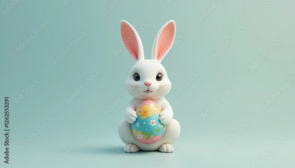 Obraz premium Cute cartoon rabbit holding colorful Easter egg with floral patterns on soft pastel background for spring celebration