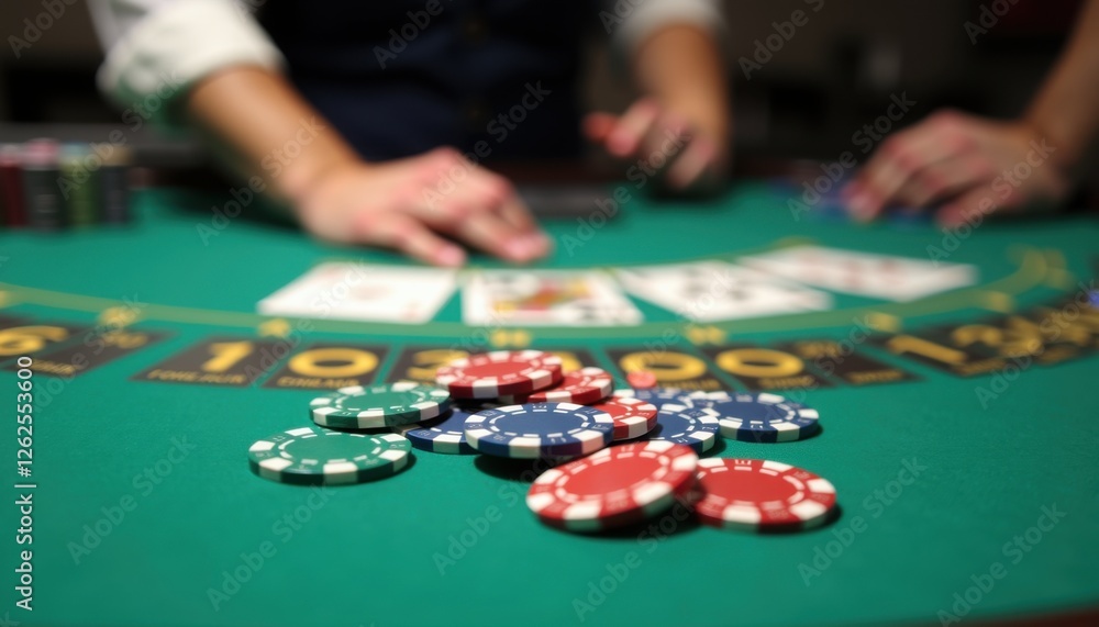 Close-up of poker chips and playing cards on a casino table during a game Close-up of poker chips and playing cards on a casino table during a game