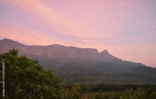 A beautiful scenic view of the mullayanagiri peak during sun rise photo