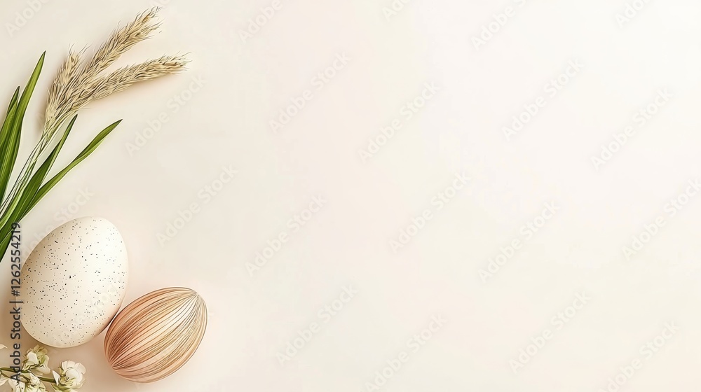 Soft Pastel Easter Decor with Decorative Eggs and Natural Elements on a Light Background for Spring Celebrations Soft Pastel Easter Decor with Decorative Eggs and Natural Elements on a Light Background for Spring Celebrations