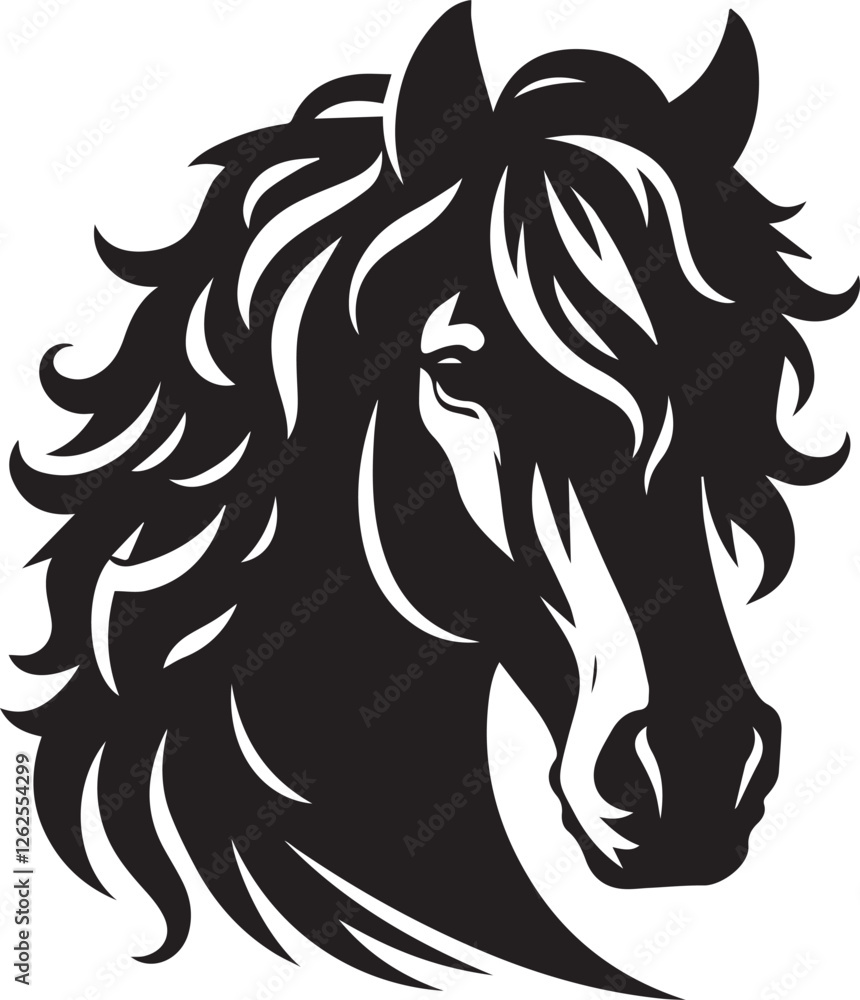 Fototapeta premium Horse face big hair vector black and white