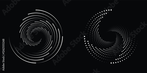et of black thick halftone dotted speed lines. Speed lines in circle form. Geometric art. Design element for frame, logo, tattoo, web pages, prints, posters, template, abstract vector background.