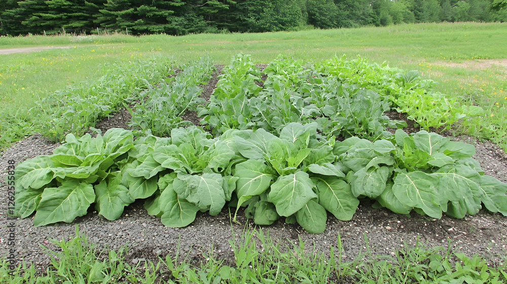 Lush vegetable garden rows, leafy greens thriving, rural landscape background, perfect for healthy eating and gardening blogs Lush vegetable garden rows, leafy greens thriving, rural landscape background, perfect for healthy eating and gardening blogs