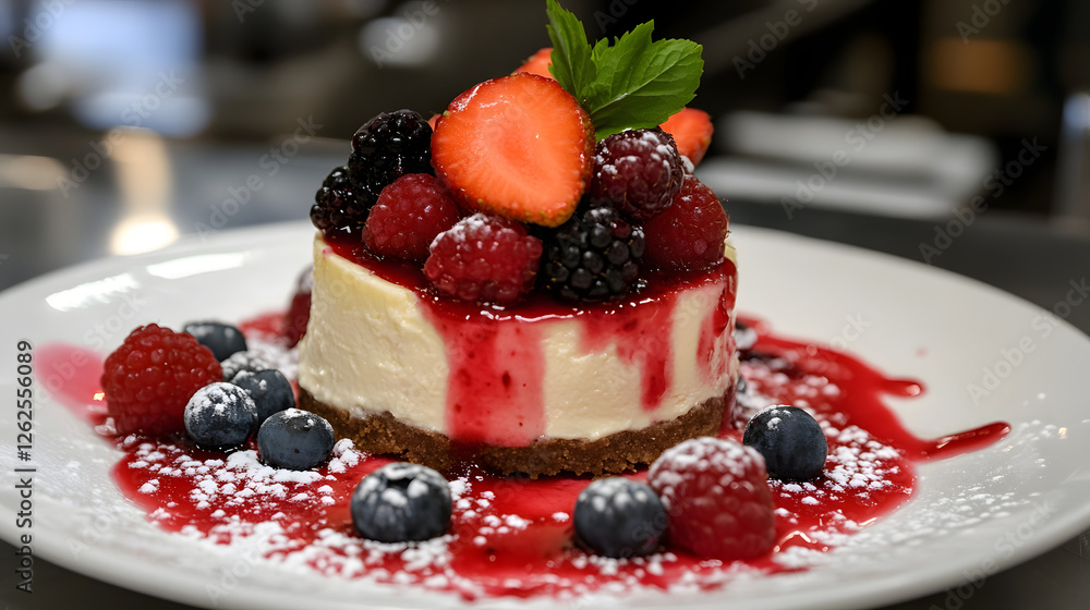A strawberry cheesecake topped with fresh berries and a drizzle of caramel sauce. A strawberry cheesecake topped with fresh berries and a drizzle of caramel sauce.