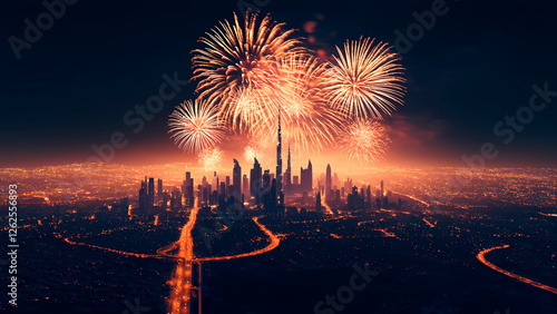camera movement forward on a new year's fireworks over the city. fireworks festival city skyline. Generative Ai photo