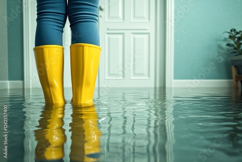 A person in yellow rain boots stands in a flooded room, illustrating water damage or flood scenarios, This image can be used for articles on home safety, insurance, or disaster preparedness,
