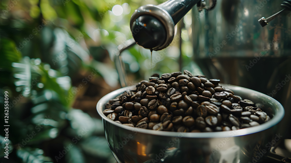 A close-up of coffee beans in a bowl, with a coffee machine in a lush environment. A close-up of coffee beans in a bowl, with a coffee machine in a lush environment.