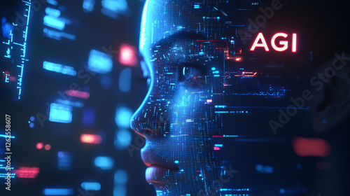 A futuristic AI-generated face with a neural digital overlay and glowing AGI circuits, symbolizing artificial general intelligence  
