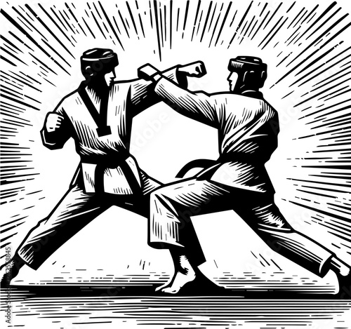 Taekwondo Competition: A Black and White Illustration of Two Athletes in Combat. Athletes are focused and determined, their movements conveying power and precision.