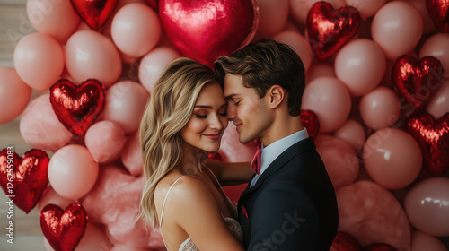 A romantic photo booth setup with Valentine’s Day props and a couple posing