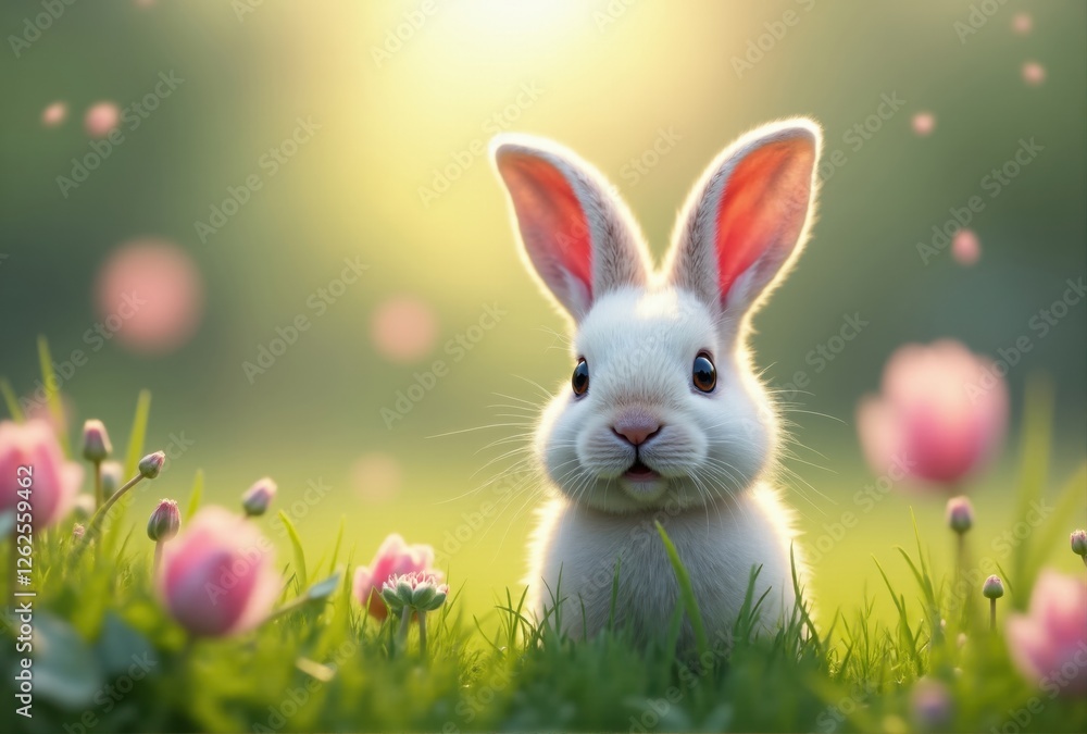 Fototapeta premium White Rabbit in a Meadow with Pink Flowers