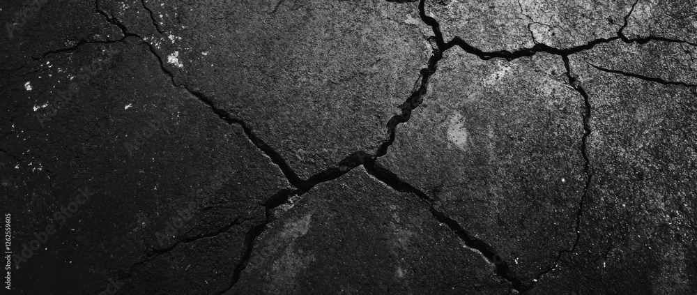 Fototapeta premium Cracked asphalt road revealing detailed surface texture from a top view perspective in dry weather