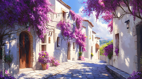 Fototapeta Naklejka Na Ścianę i Meble -  Stunning streets of the Mediterranean, with white buildings and purple bougainvillea
