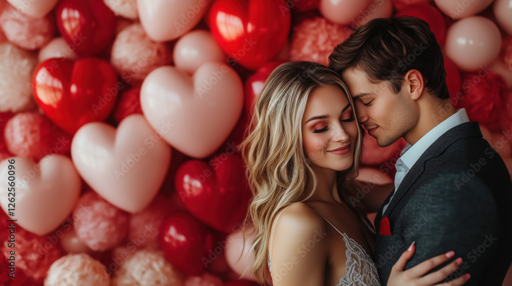 A romantic photo booth setup with Valentine’s Day props and a couple posing A romantic photo booth setup with Valentine’s Day props and a couple posing