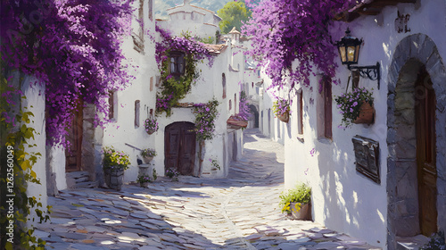 Fototapeta Naklejka Na Ścianę i Meble -  Stunning streets of the Mediterranean, with white buildings and purple bougainvillea
