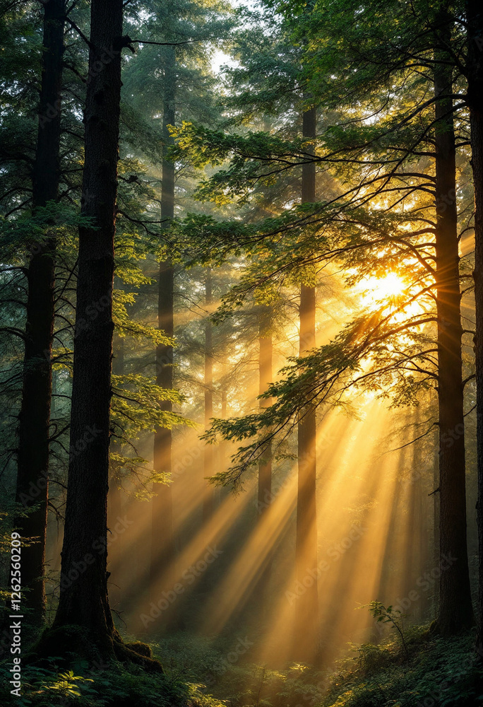 Obraz premium Sunlight through forest, misty air, golden light, tall trees, and natural atmosphere.