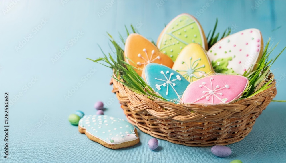 Fototapeta premium Easter greeting card with glazed cookies and colorful easter eggs in basket . With copy space