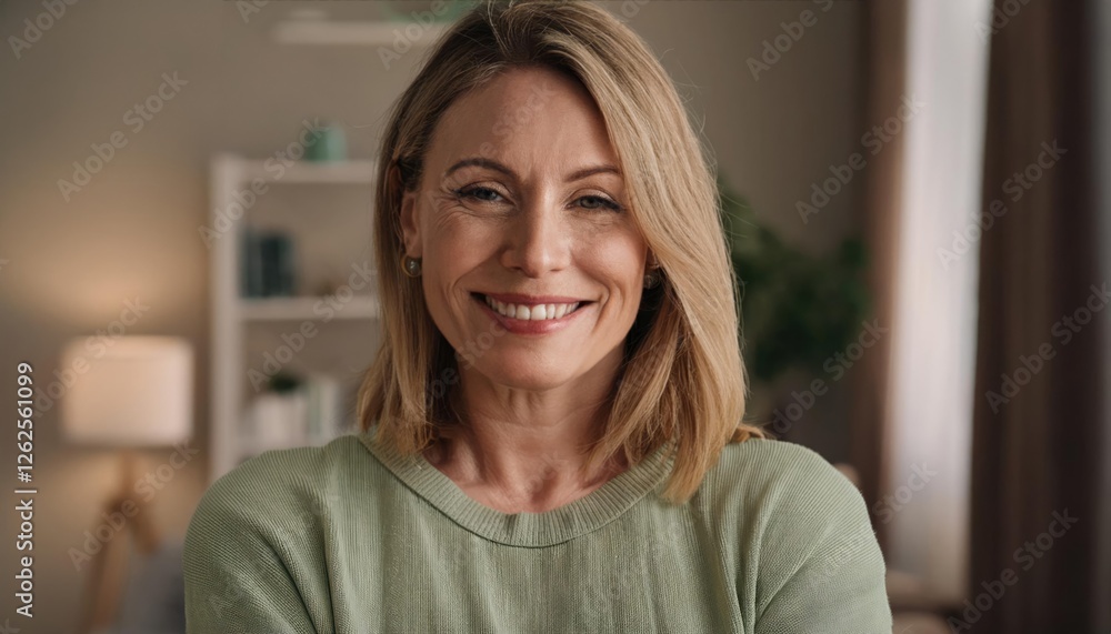 Close up headshot portrait of smiling 30s Caucasian woman look at camera posing in own flat or apartment Close up headshot portrait of smiling 30s Caucasian woman look at camera posing in own flat or apartment