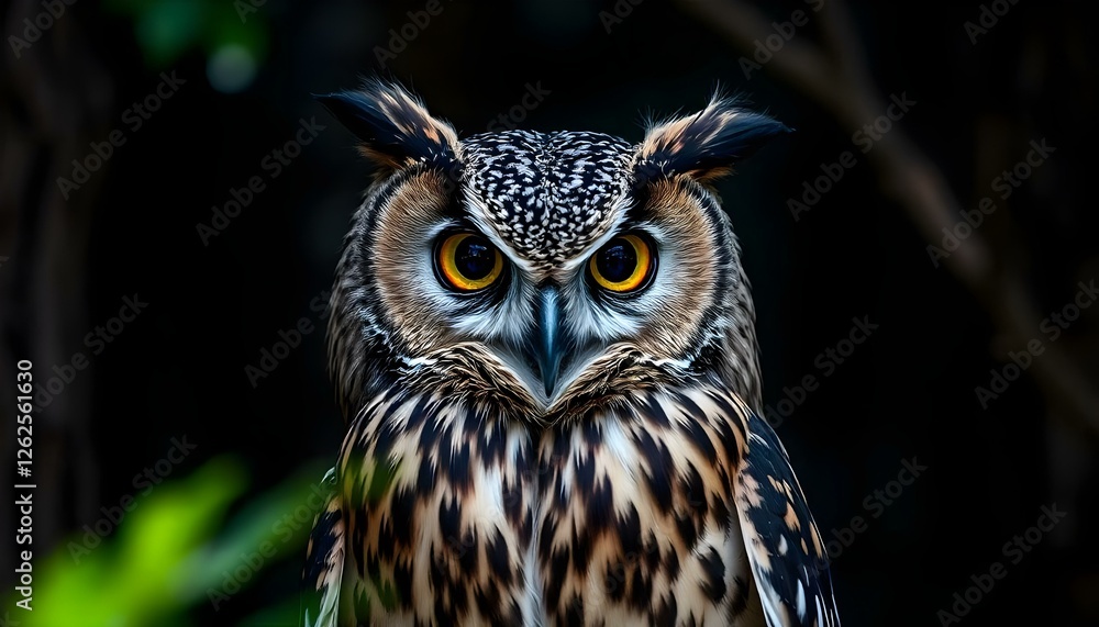 Portrait of a wise owl with large, round eyes, focusing on its feather patterns and a dark forest backdrop Portrait of a wise owl with large, round eyes, focusing on its feather patterns and a dark forest backdrop