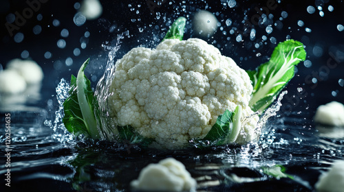 Close up of cauliflower head splashing into water, creating dynamic droplets and ripples. vibrant green leaves contrast beautifully with white florets, evoking freshness and vitality