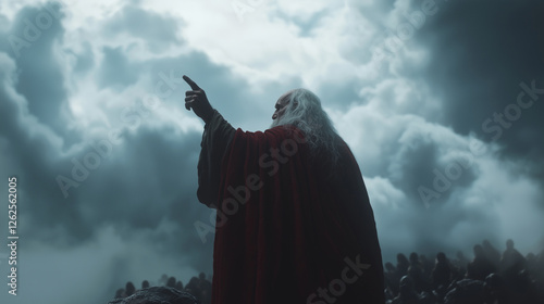 Elderly prophet warning crowd under stormy sky photo