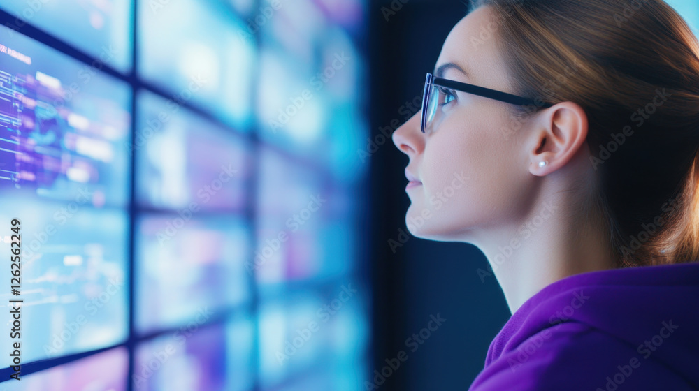 marketing manager analyzing data on digital screen, focused and engaged. vibrant display reflects her concentration and importance of data in decision making marketing manager analyzing data on digital screen, focused and engaged. vibrant display reflects her concentration and importance of data in decision making