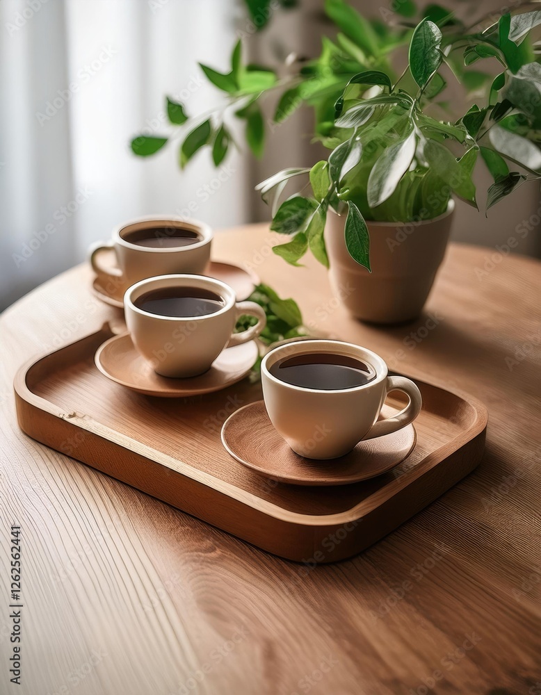 coffee cups on wooden tray with greenery for cozy cafes or home decor coffee cups on wooden tray with greenery for cozy cafes or home decor