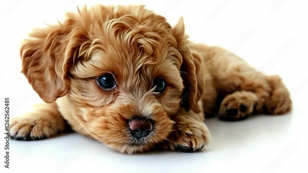 Curious puppy lying on a clean white surface with fluffy fur and expressive eyes Curious puppy lying on a clean white surface with fluffy fur and expressive eyes