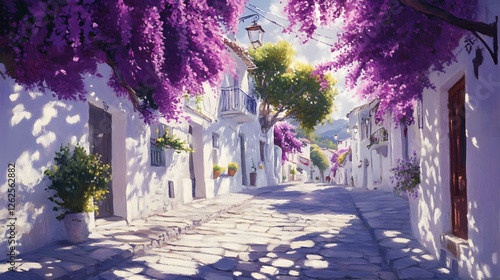 Fototapeta Naklejka Na Ścianę i Meble -  Stunning streets of the Mediterranean, with white buildings and purple bougainvillea
