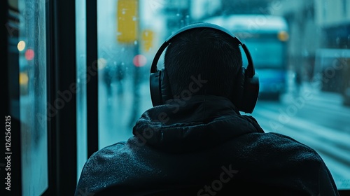 Urban Winter Day: Person Listening to Music on a Bus photo