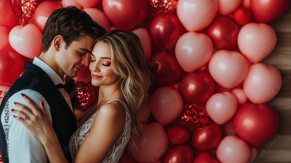 A romantic photo booth setup with Valentine’s Day props and a couple posing A romantic photo booth setup with Valentine’s Day props and a couple posing
