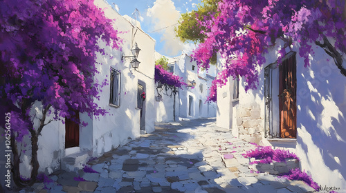 Fototapeta Naklejka Na Ścianę i Meble -  Stunning streets of the Mediterranean, with white buildings and purple bougainvillea
