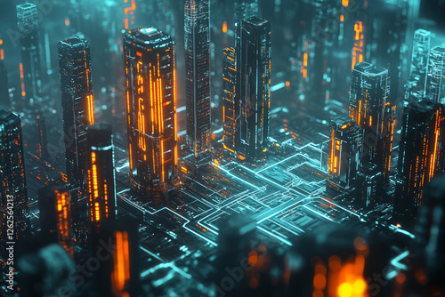 Futuristic cyberpunk cityscape with glowing neon skyscrapers and digital circuits photo