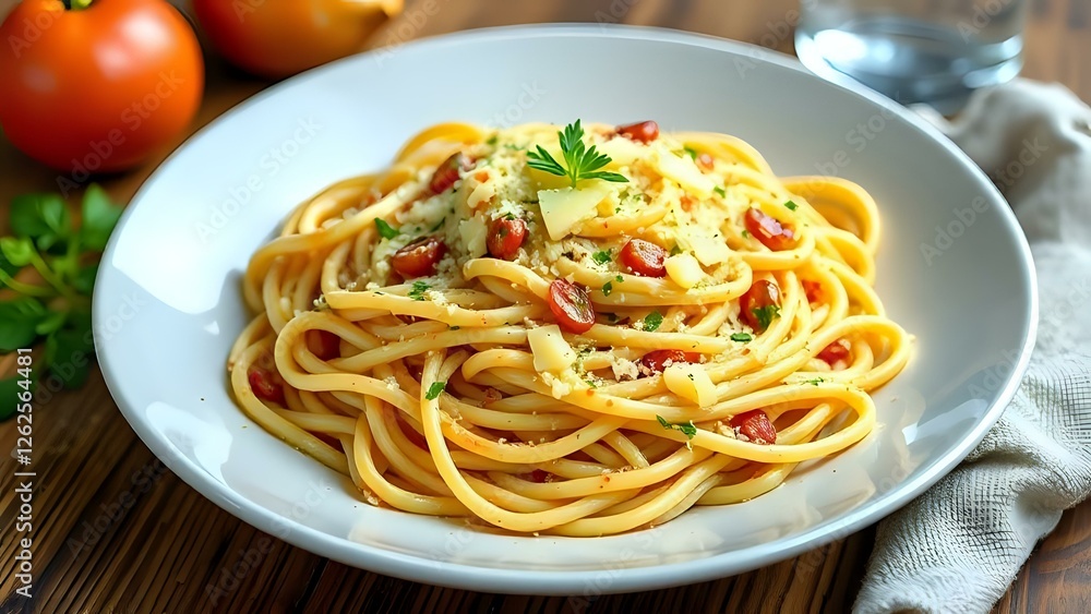 image en gros plan de spaghettis cuisinées avec des tomates et du parmesan et disposées dans une assiette image en gros plan de spaghettis cuisinées avec des tomates et du parmesan et disposées dans une assiette