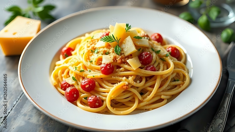image en gros plan de spaghettis cuisinées avec des tomates et du parmesan et disposées dans une assiette image en gros plan de spaghettis cuisinées avec des tomates et du parmesan et disposées dans une assiette