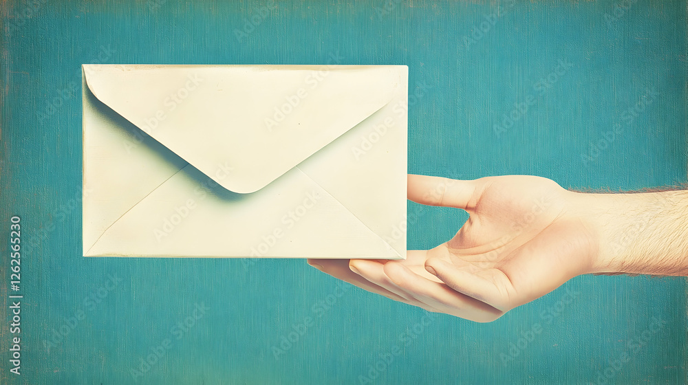 Fototapeta premium Hand offering white envelope, teal background, communication concept, for websites or marketing