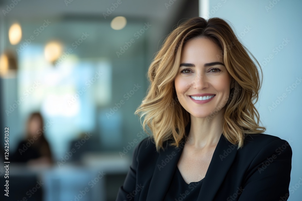 A woman executive with a confident smile showcasing leadership and a clear mission in the office A woman executive with a confident smile showcasing leadership and a clear mission in the office