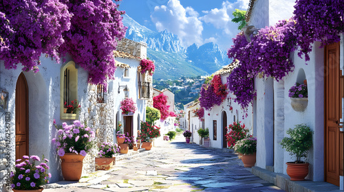 Fototapeta Naklejka Na Ścianę i Meble -  Stunning streets of the Mediterranean, with white buildings and purple bougainvillea
