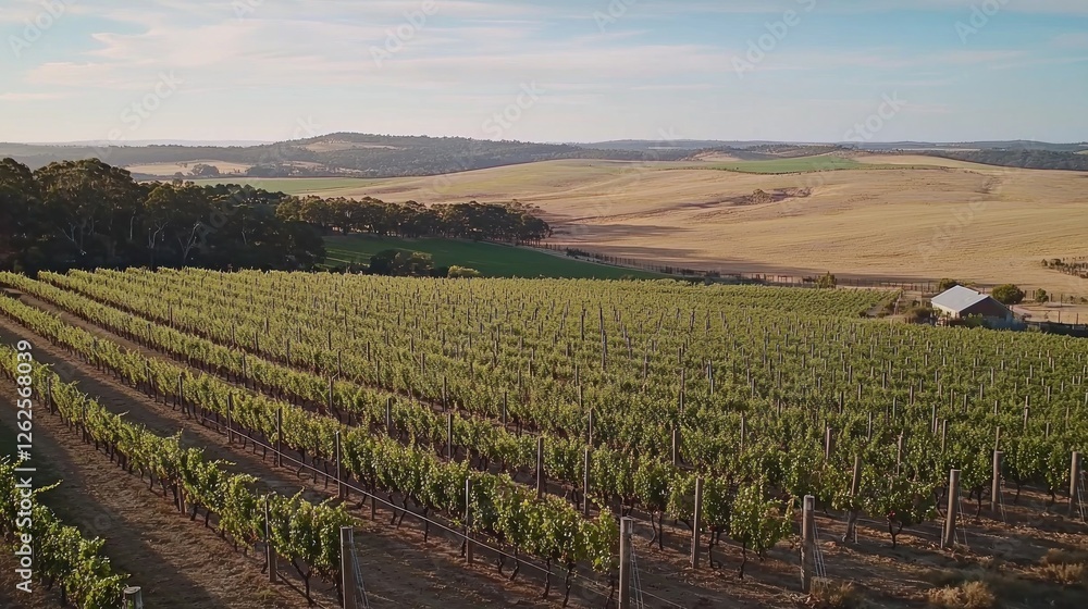 Fototapeta premium Vineyard Rows, Scenic Australian Landscape, Sunrise, Farmland