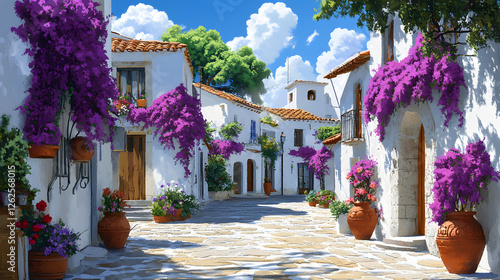 Fototapeta Naklejka Na Ścianę i Meble -  Stunning streets of the Mediterranean, with white buildings and purple bougainvillea
