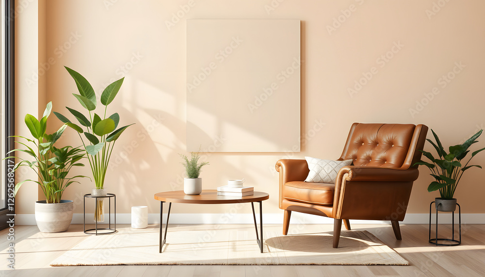 Fototapeta premium Leather armchair with coffee table and houseplants near beige wall. Banner for design, Backlit. with white shades